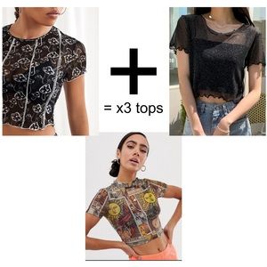 Mushroom Print + Tarot Print + Silver Glitter Sheer = x3 Mesh Crop Tops